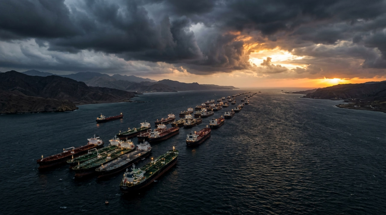 Oil tankers queued in the Strait of Hormuz at sunset with storm clouds