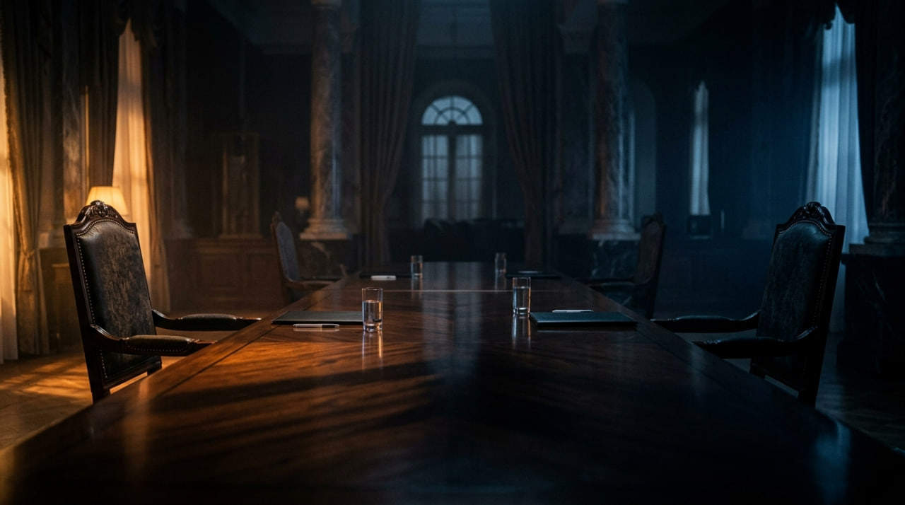 Empty diplomatic negotiation room with abandoned chairs and water glasses